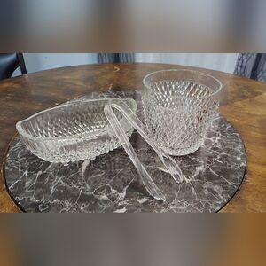 VTG Indiana Depression Glass Diamond Point  with Ice Tongs and Oval Footed Bowl